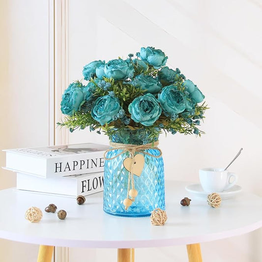 Fake Flowers in Vase,Fake Flowers with Vase,21 Pcs Faux Peony Flowers,Artificial Flowers for Home Decor, Indoor Centerpiece for Living Room & Dining Table (Blue)