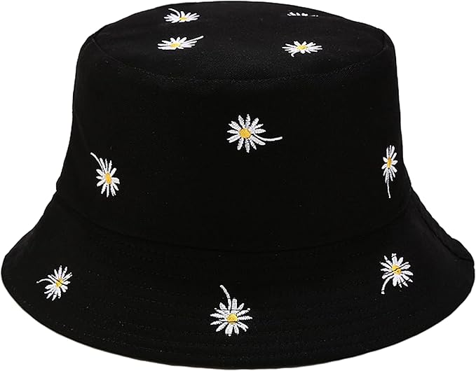 Flower Reversible Bucket Hat Cotton Summer Travel Beach Sun Hats Emboridery for Women Men