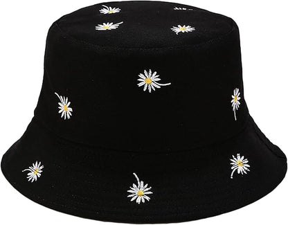 Flower Reversible Bucket Hat Cotton Summer Travel Beach Sun Hats Emboridery for Women Men