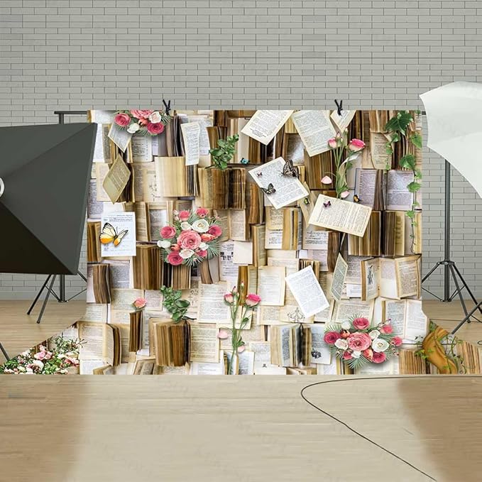 8x6ft Book Photo Backdrop Fairy Tale Books Background Pink Flowers Party Decor Background Girls Party Decorations Kids Newborn Birthday Baby Shower Photo Studio Props KUBDJ728