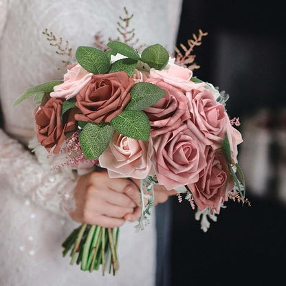 100 Pieces Artificial Foam Rose Flowers Faux Bouquet with Leaves and Stems for DIY Wedding Bouquets Centerpieces Bridal Shower Party Valentine Home Decorations(Shades of Dusty Rose)