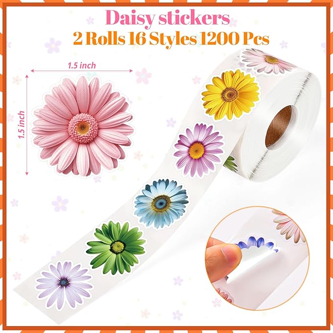 1200 PCS Daisy Stickers Cute Flower Stickers Roll for Kids Sun-Proof Flower Roll Sticker for Scrapbooks, Water Bottle, Present Boxes Decorations (16 Styles)