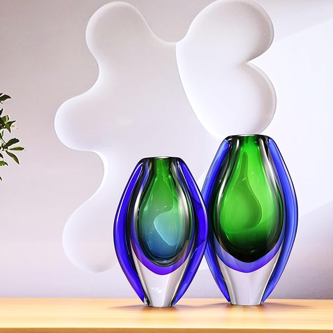 Luxury Lane Hand Blown Sommerso Oval Art Glass Vase for Decor 10 inch Tall Centerpiece Table Decoration Emerald Green