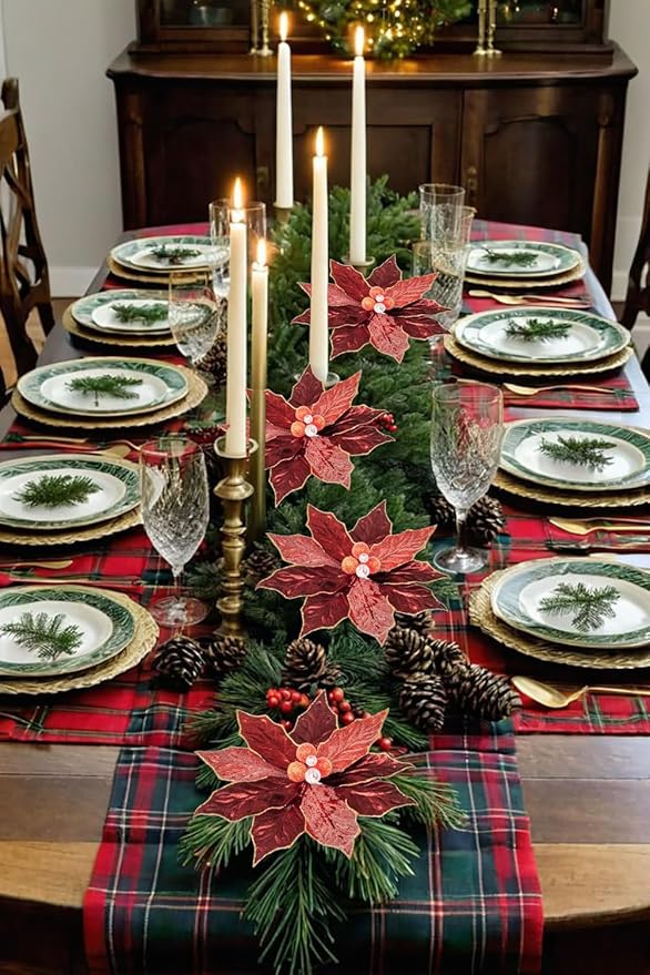 Hollyone 3PCS Poinsettia Christmas Flowers Artificial 11" Large Red Glitter Poinsettia Flowers Christmas Tree Ornaments Floral Picks for Tree Wreath Garland Vase Table Centerpiece Home Decor