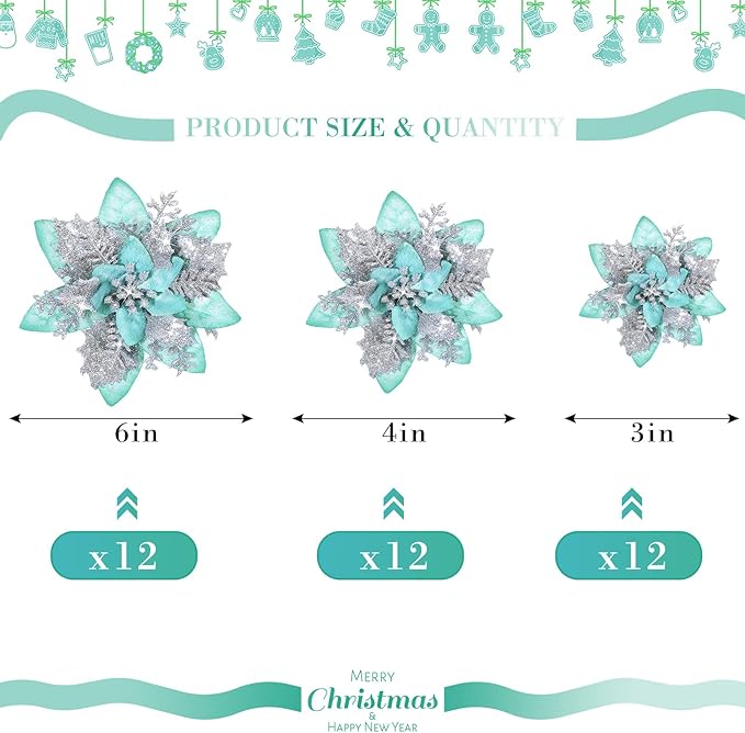 36 Pcs Christmas Glitter Artificial Poinsettia Flowers Xmas Poinsettia Artificial Wedding Flowers Decorations Xmas Tree Ornaments with Clips for Party, 6 Inch, 4 Inch, 3 Inch(Silver and Green)