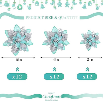 36 Pcs Christmas Glitter Artificial Poinsettia Flowers Xmas Poinsettia Artificial Wedding Flowers Decorations Xmas Tree Ornaments with Clips for Party, 6 Inch, 4 Inch, 3 Inch(Silver and Green)
