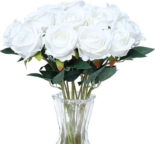 SITUMEIZI 15PCS White Artificial Roses Silk Flowers Fake Roses Realistic Bouquet Long Stem with Gift Box for Mother's Gift Day Home Party Wedding Decorations
