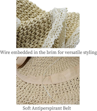 Ladies Wide Brim Beach Straw Hat Summer Vacation Sun Protection Hat Braided Lace Edge Hat Soft Foldable Lightweight