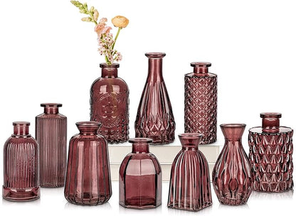 Glass Bud Vases Set of 10, Wine Red Small Flower Vase in Bulk for Centerpieces, Mini Vintage Vases for Rustic Wedding Vintage Home Table Decor