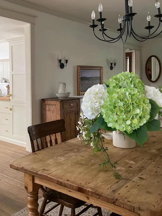 YalzoneMet 4Pcs Light Green Silk Hydrangea Artificial Flower Lifelike Big Blooms 20'' Long Stem Faux Hydrangea Flower Bouquets for Home Party Indoor Outdoor Wedding Table Centerpiece Decor