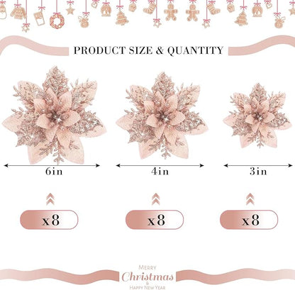Geosar 24 Christmas Glitter Artificial Poinsettia Flowers Xmas Poinsettia Artificial Wedding Flowers Decorations Xmas Tree Ornaments with Clips for Party Favors, 6 Inch, 4 Inch, 3 Inch (Rose Gold)