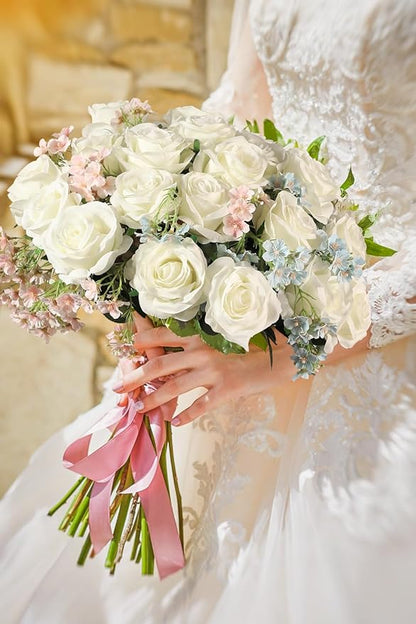 Luyue 10PCS Artificial Roses Flower with Stems Slik Fake Flowers Bouquet Realistic Long Stem Faux Rose for Wedding Home Decor