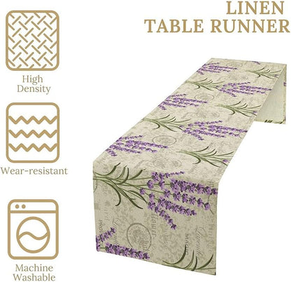 Floral Lavender Table Runner,Vintage Rustic Country Romantic Purple Flower Pattern Print Burlap for Hotel Indoors Outdoor Dining Room Kitchen Home Decor, 13x90in
