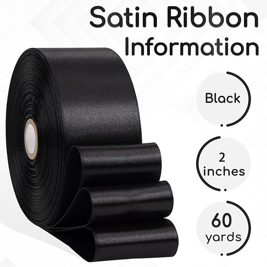 Black Ribbon 2 Inch, 60 Yards Black Satin Ribbon for Flower Bouquet, Crafts, Gift Wrapping, Birthday Party, Bows, Wedding and Halloween Decor