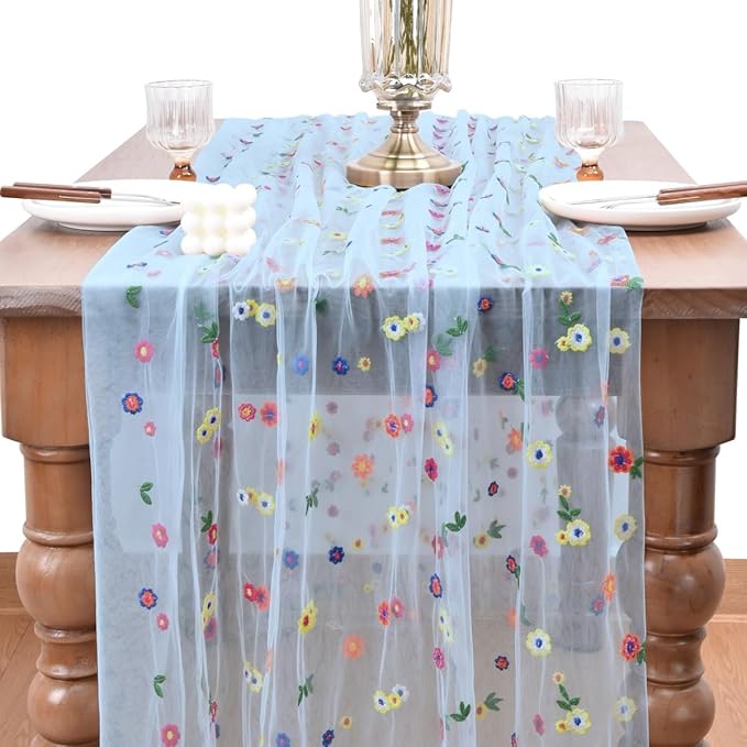 Joanlody Blue Embroidery Daisy Christmas Table Runner Florals Seasonal Tulle Table Runner Holiday Kitchen Dining Table Decoration Wedding Party