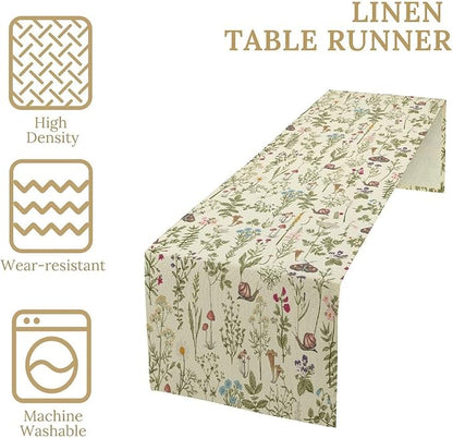 Vintage Mushroom Table Runner Rustic Farmhouse Wildflower Botanical Herbs Retro Boho Nature Plants Spring Summer Seasonal Dinner Runner for Kitchen Cabin Home Holiday Party 13x70in