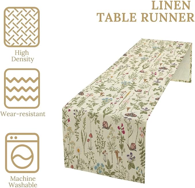 Vintage Mushroom Table Runner Rustic Farmhouse Wildflower Botanical Herbs Retro Boho Nature Plants Spring Summer Seasonal Dinner Runner for Kitchen Cabin Home Holiday Party 13x108in