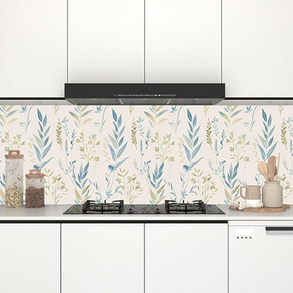 Beige Floral Leaf Peel and Stick Boho Removable Blue Green Botanical Wallpaper 17.5" x 118" Light Mural Waterproof Contact Paper for Walls Bedroom Bathroom Cabinet Room Decor