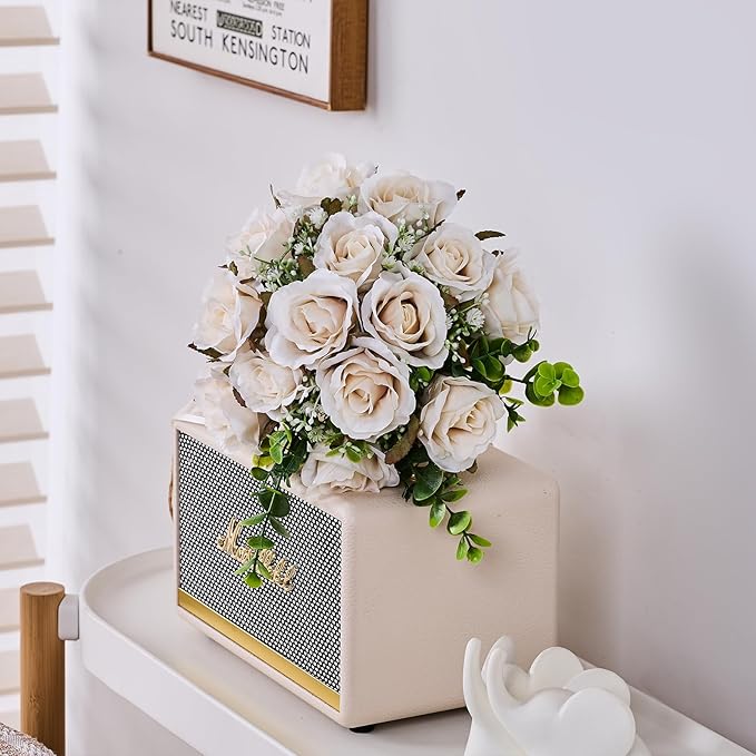Wedding Bouquets Large for Bride, Wedding Silk Artificial Flowers 14pcs White Champagne Roses 10 in Fake Flowers for Wedding Party, Ceremony, Anniversary & Home Decor(Come with 4 kinds of Ribbons)