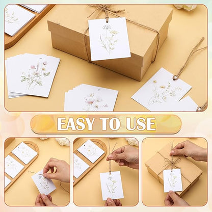 50 Set Floral Blank Gift Tags with String, 2 x 3 in Watercolor Bouquet Paper Gift Tags Set 5 Assorted Flower Designs Label Tag for Wedding Bridal Baby Shower Xmas Party Decor Supplies