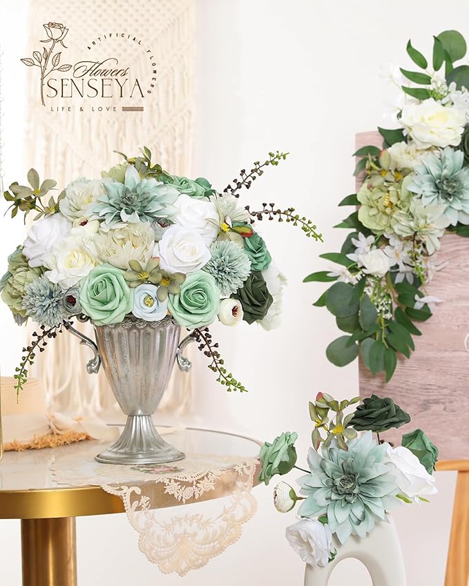Senseya Artificial Flowers Combo Set, Green Silk Roses, Peonies, Dahlias with Stems for DIY Wedding Bouquets, Baby Shower, Table Centerpieces, Home Decor, Fake Floral Arrangements, Party Decorations
