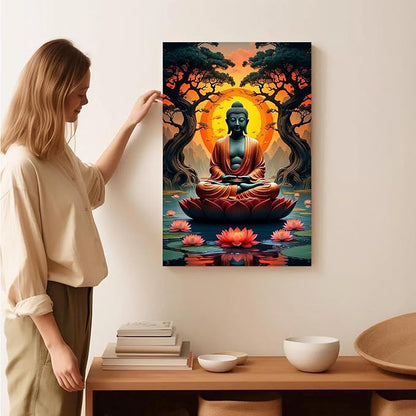 Canvas wall art Golden Buddha on lotus at sunset Ancient trees with reflections on water Serene meditation scene Uplifting wall art for mindfulness and tranquil home decor 20x30in Wood Framed
