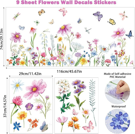 9 Pcs Flowers Wall Decals Peel and Stick, Colorful Wildflower Dragonflies Floral Wall Stickers for Living Room Bedroom Baby Nursery