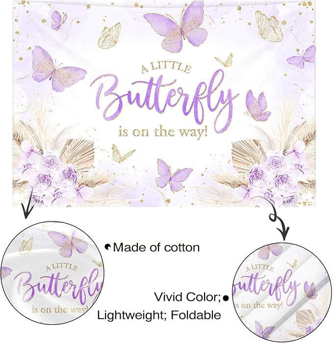 Mocsicka 7x5ft Butterfly Baby Shower Backdrop Purple A Little Butterfly is on Her Way Banner Boho Floral Lavender Purple Butterfly Baby Shower Decorations Photo Booth Props