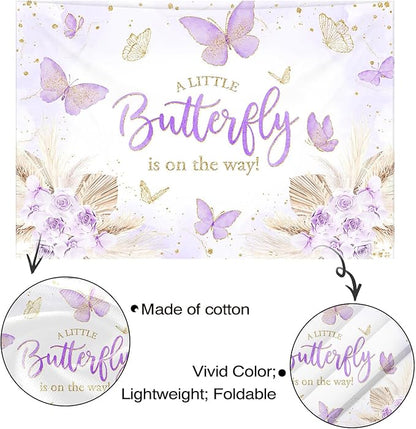 Mocsicka 7x5ft Butterfly Baby Shower Backdrop Purple A Little Butterfly is on Her Way Banner Boho Floral Lavender Purple Butterfly Baby Shower Decorations Photo Booth Props