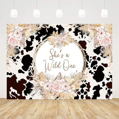 7x5ft She's a Wild One Backdrop for Girl 1st Birthday Party Decorations Holy Cow Highland Cattle Jungle Safari Rainforest Boho Floral Photography Background Bday Banner Photo Shoot Props