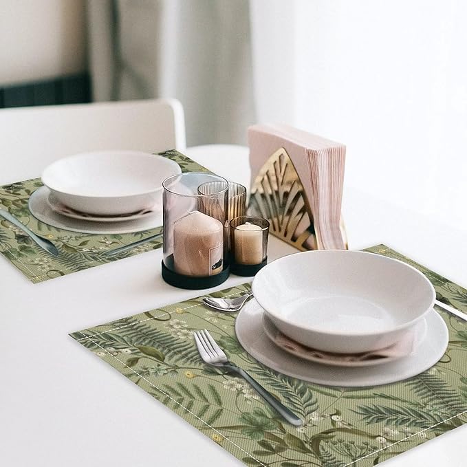 Retro Plant Placemats Set of 4, 17x12 Inch Green Leaves Retro Elegant Nature Plant Aesthetic Table Mats for Home Party Kitchen Dining Decor