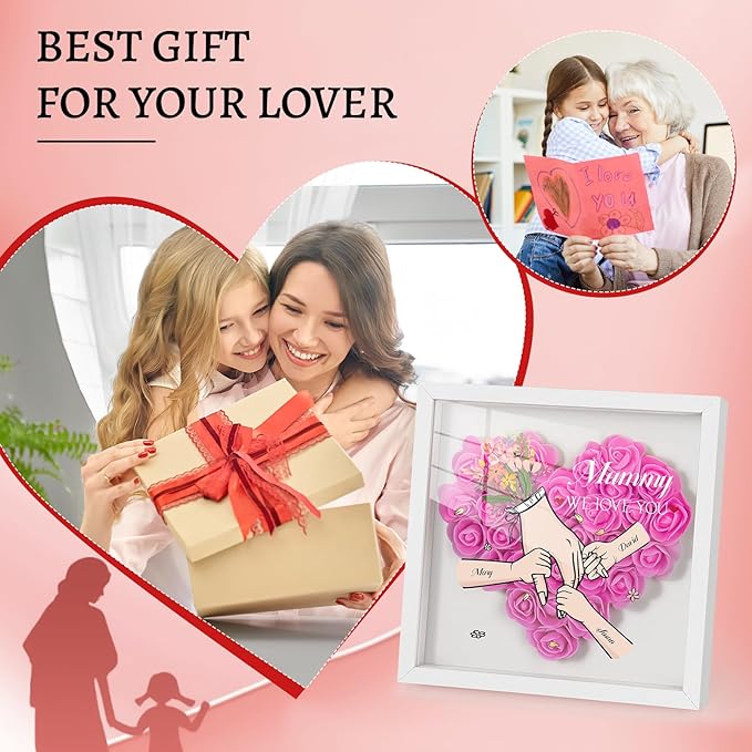 Mom We Love You - Personalized Flower Shadow Box with Names, Christmas Mothers Day Flower Box Gifts for Mom (Style 4-Hand in Hand)