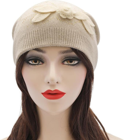 ZLYC Women Floral Slouchy Beanie Hat Double Layer Winter Knit Skull Cap