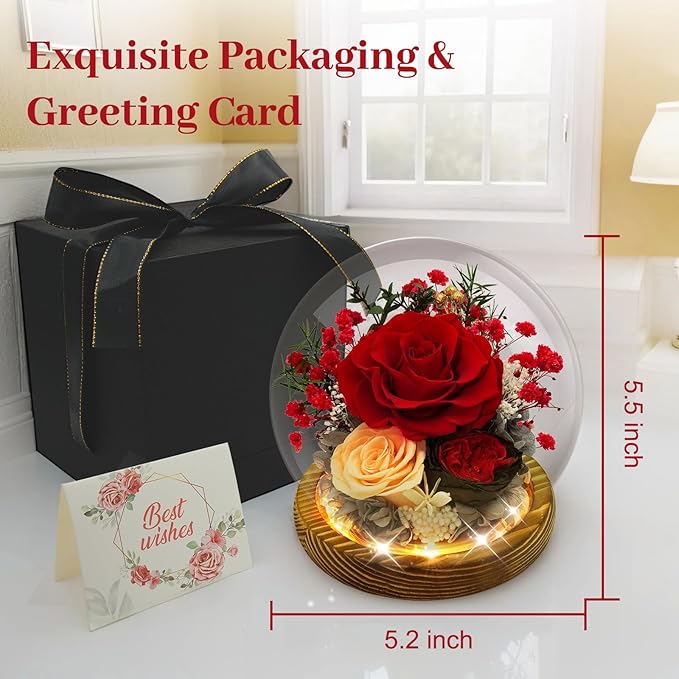 Preserved Flowers Birthday Gifts for Women Preserved Rose in Glass Dome Forever Fresh Flowers for Delivery Prime Red Eternal Rose Gifts for Her Valentines Day Anniversary for Wife Girlfriend