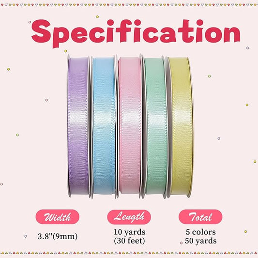 Ribest Pastel Ribbon, 3/8 inch Thin Double Faced Satin Ribbons Assortment for Gift Wrapping Easter Crafts Hair Bow Wedding Birthday Party Spring Decoration Scrapbook, 5 Rolls × 10 Yard Total 50 Yards