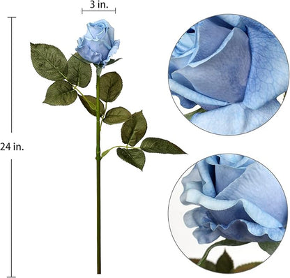 Artificial Realistic Roses Blue Flowers 24" Real Touch Silk Roses Bouquet Long Stems Rose for Flower Arrangement Fake Roses Decor for Home Party Wedding Table Centerpieces Roses Realistic - 5 Pcs