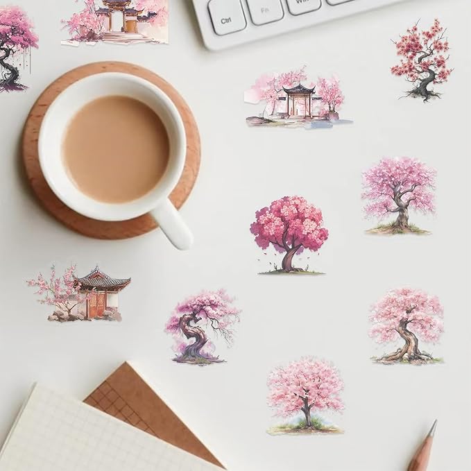 50 Pcs Carambola Tree Stickers, Pink Watercolor Cartoon Stickers, Transparent Waterproof Vinyl Stickers for Scrapbooking, Journaling, Laptop, Water Bottle, Phone Case Decoration for Her, Teen Girls