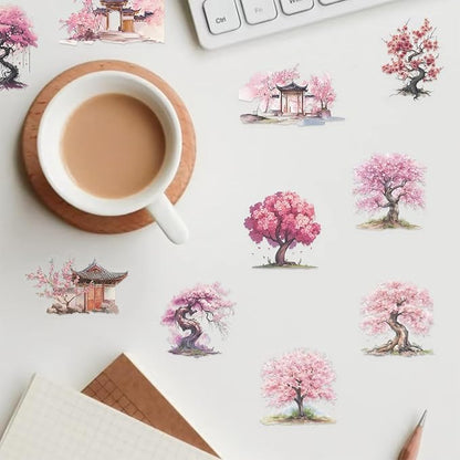 50 Pcs Carambola Tree Stickers, Pink Watercolor Cartoon Stickers, Transparent Waterproof Vinyl Stickers for Scrapbooking, Journaling, Laptop, Water Bottle, Phone Case Decoration for Her, Teen Girls
