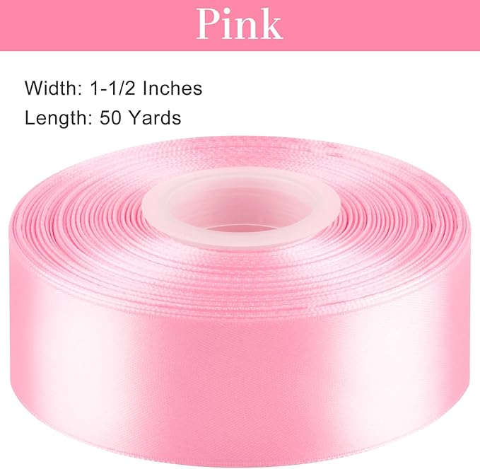 1-1/2 Inches 50 Yards Pink Satin Ribbon, Solid Fabric Ribbon Roll for Flower Bouquets, Gift Wrapping, Wedding, Handmade Crafts
