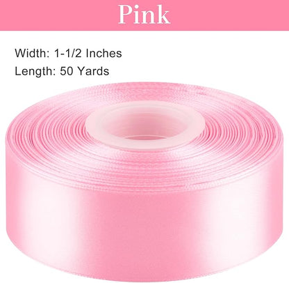 1-1/2 Inches 50 Yards Pink Satin Ribbon, Solid Fabric Ribbon Roll for Flower Bouquets, Gift Wrapping, Wedding, Handmade Crafts