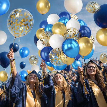 Navy Blue and Gold Confetti Balloons, 50pcs 12 Inch Metallic Blue Latex Confetti Balloons Matte White Latex Balloons with 33 Feet String for Birthday Wedding Gender Revea Decorations