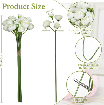 Ranunculus Artificial Flower White Faux Silk Mini Peony Flowers Fake Peonies Wedding Flowers DIY Bouquet for Centerpieces Arrangements Bridal Shower Decorations 18 Pcs(White)