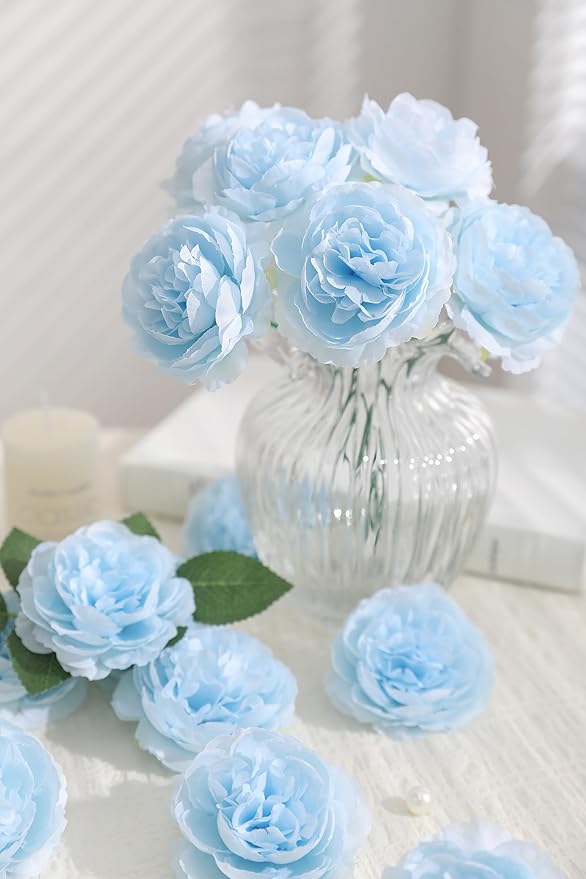 12 PCS Artificial Silk Blue Peony Flowers with Stems - 8 Inch Fake Peony Bouquet for Wedding, Home Decor, Office Table, Festival Gifts
