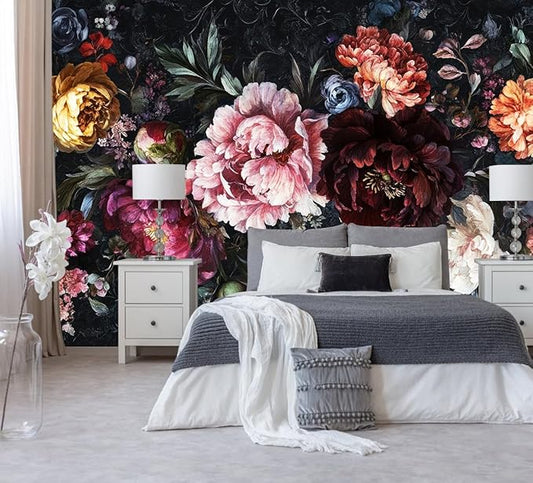 Dark Floral Wallpaper Mural Large Peony Flowers Wall Murals for Bedroom（Not Peel and Stick）