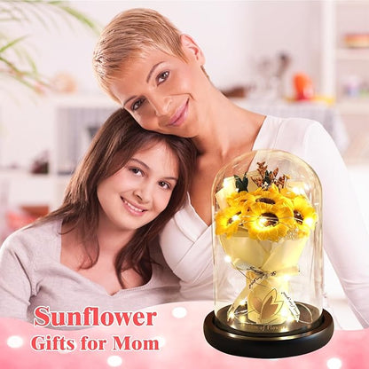 Christmas Sunflower Gifts for Mom-Preserved Artificial Rose Flower Gifts for Women Friends Sister Sunflower Gifts for Her,Light Up Rose in A Glass Dome-Thankgiving Xmas Birthday Valentines Anniversary