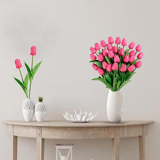 Sggvecsy 30 Pcs Fake Tulips Artificial Flowers Real Touch PU Faux Flowers Tulip Stems for Wedding Spring Bouquet Floral Arrangement Home Party Office Decorations for Mother's Day (Dark Pink)