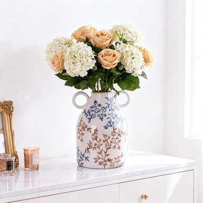 Rustic Blue Ceramic Vase with Handle, Nordic Boho Small Vases Side Table Flower Centerpiece, Wide Mouth Single Flower Vase Pampas Grass Decorative - for Home Window Sill Living Dining Room Kitchen