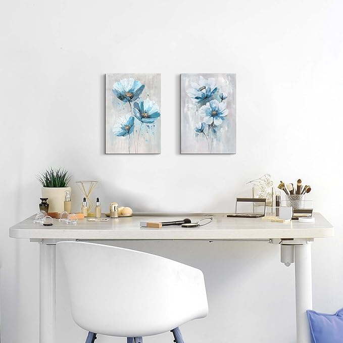 Flower Abstract Canvas Wall Art: 2 Pieces Teal Floral Prints Artwork Vintage Turquoise Bouquet Botanical Painting Picture for Bedroom Living Room Bathroom Home Office
