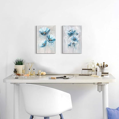 Flower Abstract Canvas Wall Art: 2 Pieces Teal Floral Prints Artwork Vintage Turquoise Bouquet Botanical Painting Picture for Bedroom Living Room Bathroom Home Office