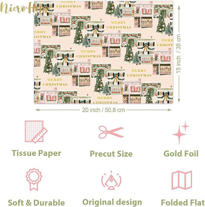 NICROHOME EUR 24 Sheets Christmas Tissue Paper, Sage Green Pink Tissue Wrapping Paper with Christmas Tree House Snowman Socks Pattern, Small Gifts Wrapping Paper for Xmas Crafts Gifts (15 X 20 Inch)